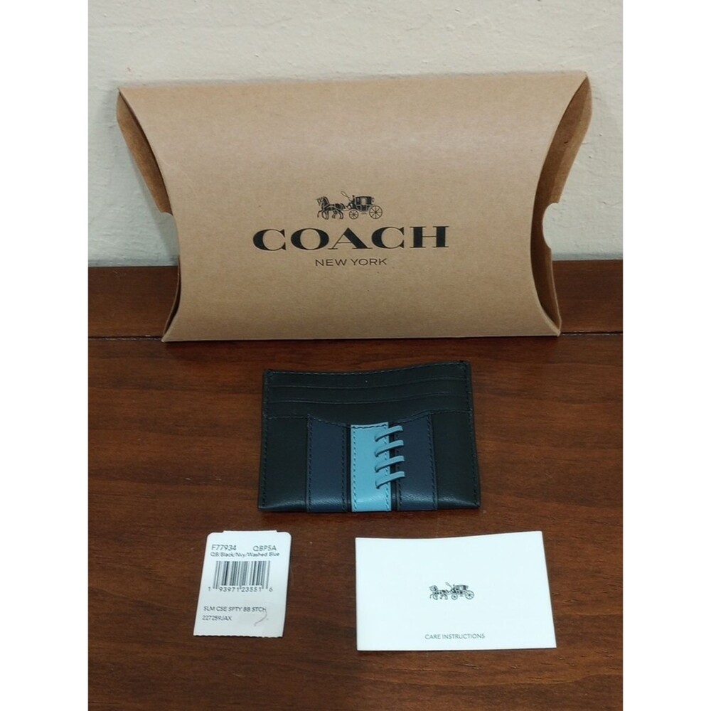 Coach Black Leather Striped Slim Case Card Holder - New!
